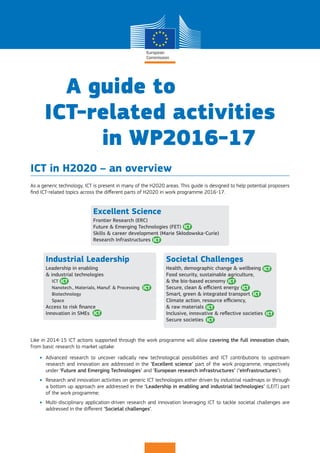 A guide to
ICT-related activities
in WP2016-17
ICT in H2020 – an overview
As a generic technology, ICT is present in many of the H2020 areas. This guide is designed to help potential proposers
find ICT-related topics across the different parts of H2020 in work programme 2016-17.
Like in 2014-15 ICT actions supported through the work programme will allow covering the full innovation chain,
from basic research to market uptake:
•	 Advanced research to uncover radically new technological possibilities and ICT contributions to upstream
research and innovation are addressed in the ‘Excellent science’ part of the work programme, respectively
under ‘Future and Emerging Technologies’ and ‘European research infrastructures’ (‘eInfrastructures’);
•	 Research and innovation activities on generic ICT technologies either driven by industrial roadmaps or through
a bottom up approach are addressed in the ‘Leadership in enabling and industrial technologies’ (LEIT) part
of the work programme;
•	 Multi-disciplinary application-driven research and innovation leveraging ICT to tackle societal challenges are
addressed in the different ‘Societal challenges’.
Excellent Science
Frontier Research (ERC)
Future & Emerging Technologies (FET)
Skills & career development (Marie Skłodowska-Curie)
Research Infrastructures
Industrial Leadership
Leadership in enabling
& industrial technologies
ICT
Nanotech., Materials, Manuf. & Processing
Biotechnology
Space
Access to risk finance
Innovation in SMEs
Societal Challenges
Health, demographic change & wellbeing
Food security, sustainable agriculture,
& the bio-based economy
Secure, clean & efficient energy
Smart, green & integrated transport
Climate action, resource efficiency,
& raw materials
Inclusive, innovative & reflective societies
Secure societies
 