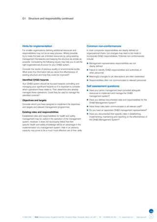 G1	 Structure and responsibility continued




Hints for implementation                                                     Common non-conformances
For smaller organizations defining additional resources and                  In most companies responsibilities are clearly defined on
responsibilities may not be an easy process. Where possible,                 organizational charts, but changes may need to be made to
try to make the best use of limited resources by using existing              incorporate OH&S responsibilities. Potential non-conformances
management frameworks and keeping the structure as simple as                 include:
possible. Considering the following issues may help you to set the
                                                                             ▶	Management representative responsibilities are not
right organizational structure for your OH&S system.
                                                                             	 clearly defined
Consider the results of previous quality or environmental audits.            ▶	Failure to identify OH&S responsibilities and authorities of
What does this information tell you about the effectiveness of               	 other personnel
existing structure and how they could be improved?
                                                                             ▶	Meaningful changes to job descriptions are often overlooked
Identified OH&S hazards                                                      ▶	Responsibilities often not communicated to relevant personnel.
Your OH&S system should be focused towards controlling and
managing your significant hazards so it is important to consider             Self assessment questions:
which operations these relate to. Then determine who already                 ▶	Have your senior management team provided adequate 		
manages these operations. Could they be used to manage the                   	 resources to implement and manage the OH&S
identified controls?                                                         	 management system?

Objectives and targets                                                       ▶	Have you defined documented roles and responsibilities for the 	
                                                                             	 OH&S Management System?
Consider whom you have assigned to implement the objectives
and targets and relevant management programmes.                              ▶	Have these roles been communicated to all relevant staff?
                                                                             ▶	Do you have an appointed OH&S management representative?
Existing roles and responsibilities
                                                                             ▶	Have you documented their specific roles in establishing, 		
Established roles and responsibilities for health and safety                 	 implementing, maintaining and reporting on the effectiveness of 	
management may be useful in the operation of the management                  	 the OH&S Management System?
system. However, it does not necessarily follow that their
specific health and safety knowledge will be an advantage in the
implementation of a management system. Help in an advisory
capacity may prove to be a much more effective use of their skills.




© NQA 2009 | NQA Warwick House, Houghton Hall Park, Houghton Regis, Dunstable, Beds. LU5 5ZX | Tel: +44 08000 522 424 | E: osas@nqa.com | www.nqa.com   45
 