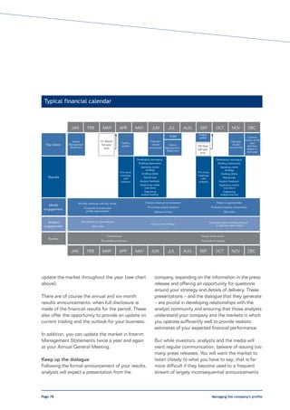 Typical financial calendar



               JAN            FEB          MAR          APR         MAY        JUN           JUL          AUG     SEP            OCT            NOV               DEC
                                                                                                                Trading
                                                                                              AGM               update                                         Comms
                                        (31 March                             Full-year                                                                     review of the
                Interim                                                                                                                        Half-year
                                                         Trading                                                                                                 year
  Key dates   Management                 full-year       update
                                                                               results       Interim            (30 Sept
                                                                                                                                                results
                                                                                                                                                              and look
               Statement                   end)                              announced     Management                                         announced
                                                                                                                half-year                                     ahead to
                                                                                            Statement                                                         next year
                                                                                                                  end)

                                                                    Developing messaging                                          Developing messaging
                                                                     Drafting statements                                           Drafting statements
                                                                       Agreeing media                                                Agreeing media
                                                                           strategy                                                      strategy
                                                        Pre-close                                               Pre-close
                                                                       Drafting Q&As                                                 Drafting Q&As
                                                        meetings                                                meetings
   Results                                                with           Rehearsals                               with                 Rehearsals
                                                        analysts      Analyst feedback                          analysts            Analyst feedback
                                                                      Organising media                                              Organising media
                                                                          interviews                                                    interview s
                                                                         Organising                                                    Organising
                                                                       analyst brieﬁng                                               analyst brie ﬁ ng


                    Monthly meetings with key media                       Positive share price movement                           Feature opportunities
    Media
                           Corporate and personal                           Promoting analyst research                       Proactive/reactive commentary
 engagement                 proﬁ le opportunities                                Bylined articles                                        Site visits



   Analyst            Introduction to new analysts                                                                          Individual visits to broking houses
                                                                               One-to-one briefings
 engagement                      Site visits                                                                                       to addr ess sales teams



                                               Conferences                                                         Annual drinks event
    Events
                                         Roundtables/seminars                                                     Corporate hospitality



               JAN           FEB           MAR          APR         MAY
                                                                    MAY        JUN           JUL          AUG    SEP             OCT            NOV               DEC




update the market throughout the year (see chart                                 company, expanding on the information in the press
above).                                                                          release and offering an opportunity for questions
                                                                                 around your strategy and details of delivery. These
There are of course the annual and six-month                                     presentations – and the dialogue that they generate
results announcements, when full disclosure is                                   – are pivotal in developing relationships with the
made of the financial results for the period. These                              analyst community and ensuring that those analysts
also offer the opportunity to provide an update on                               understand your company and the markets in which
current trading and the outlook for your business.                               you operate sufficiently well to provide realistic
                                                                                 estimates of your expected financial performance.
In addition, you can update the market in Interim
Management Statements twice a year and again                                     But while investors, analysts and the media will
at your Annual General Meeting.                                                  want regular communication, beware of issuing too
                                                                                 many press releases. You will want the market to
Keep up the dialogue                                                             listen closely to what you have to say; that is far
Following the formal announcement of your results,                               more difficult if they become used to a frequent
analysts will expect a presentation from the                                     stream of largely inconsequential announcements



Page 78                                                                                                                       Managing the company’s profile
 