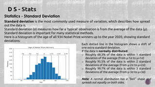 Statistics - Standard Deviation
Standard deviation is the most commonly used measure of variation, which describes how spread
out the data is.
Standard deviation (σ) measures how far a 'typical' observation is from the average of the data (μ).
Standard deviation is important for many statistical methods.
Here is a histogram of the age of all 934 Nobel Prize winners up to the year 2020, showing standard
deviations:
Each dotted line in the histogram shows a shift of
one extra standard deviation.
If the data is normally distributed:
o Roughly 68.3% of the data is within 1 standard
deviation of the average (from μ-1σ to μ+1σ)
o Roughly 95.5% of the data is within 2 standard
deviations of the average (from μ-2σ to μ+2σ)
o Roughly 99.7% of the data is within 3 standard
deviations of the average (from μ-3σ to μ+3σ)
Note: A normal distribution has a "bell" shape and
spreads out equally on both sides.
 