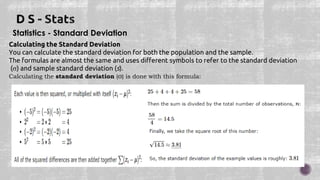 Statistics - Standard Deviation
Calculating the Standard Deviation
You can calculate the standard deviation for both the population and the sample.
The formulas are almost the same and uses different symbols to refer to the standard deviation
() and sample standard deviation (s).
Calculating the standard deviation (σ) is done with this formula:
 