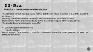 Statistics - Standard Normal Distribution
The standard normal distribution is a normal distribution where the mean is 0 and the standard
deviation is 1.
Normally distributed data can be transformed into a standard normal distribution.
Standardizing normally distributed data makes it easier to compare different sets of data.
The standard normal distribution is used for:
• Calculating confidence intervals
• Hypothesis tests
Here is a graph of the standard normal distribution with probability values (p-values) between the
standard deviations:
 