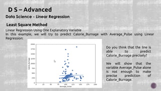 Data Science - Linear Regression
Least Square Method
Linear Regression Using One Explanatory Variable
In this example, we will try to predict Calorie_Burnage with Average_Pulse using Linear
Regression:
Do you think that the line is
able to predict
Calorie_Burnage precisely?
We will show that the
variable Average_Pulse alone
is not enough to make
precise prediction of
Calorie_Burnage.
 
