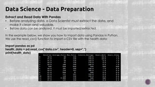 Extract and Read Data With Pandas
• Before analyzing data, a Data Scientist must extract the data, and
make it clean and valuable.
• Before data can be analyzed, it must be imported/extracted.
In the example below, we show you how to import data using Pandas in Python.
We use the read_csv() function to import a CSV file with the health data:
import pandas as pd
health_data = pd.read_csv("data.csv", header=0, sep=",")
print(health_data)
Data Science - Data Preparation
 