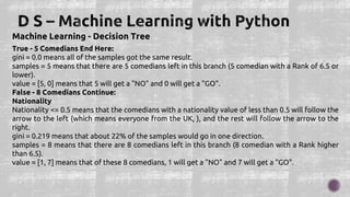 Machine Learning - Decision Tree
True - 5 Comedians End Here:
gini = 0.0 means all of the samples got the same result.
samples = 5 means that there are 5 comedians left in this branch (5 comedian with a Rank of 6.5 or
lower).
value = [5, 0] means that 5 will get a "NO" and 0 will get a "GO".
False - 8 Comedians Continue:
Nationality
Nationality <= 0.5 means that the comedians with a nationality value of less than 0.5 will follow the
arrow to the left (which means everyone from the UK, ), and the rest will follow the arrow to the
right.
gini = 0.219 means that about 22% of the samples would go in one direction.
samples = 8 means that there are 8 comedians left in this branch (8 comedian with a Rank higher
than 6.5).
value = [1, 7] means that of these 8 comedians, 1 will get a "NO" and 7 will get a "GO".
 