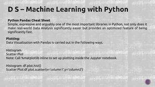 Python Pandas Cheat Sheet
Simple, expressive and arguably one of the most important libraries in Python, not only does it
make real-world Data Analysis significantly easier but provides an optimized feature of being
significantly fast.
Plotting:
Data Visualization with Pandas is carried out in the following ways.
Histogram
Scatter Plot
Note: Call %matplotlib inline to set up plotting inside the Jupyter notebook.
Histogram: df.plot.hist()
Scatter Plot:df.plot.scatter(x=’column1′,y=’column2′)
 