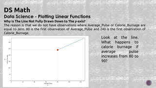Data Science - Plotting Linear Functions
DS Math
Why is The Line Not Fully Drawn Down to The y-axis?
The reason is that we do not have observations where Average_Pulse or Calorie_Burnage are
equal to zero. 80 is the first observation of Average_Pulse and 240 is the first observation of
Calorie_Burnage.
Look at the line.
What happens to
calorie burnage if
average pulse
increases from 80 to
90?
 
