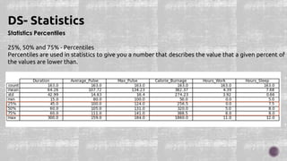 Statistics Percentiles
25%, 50% and 75% - Percentiles
Percentiles are used in statistics to give you a number that describes the value that a given percent of
the values are lower than.
DS- Statistics
 