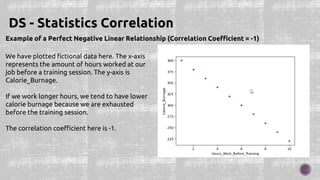 Example of a Perfect Negative Linear Relationship (Correlation Coefficient = -1)
DS - Statistics Correlation
We have plotted fictional data here. The x-axis
represents the amount of hours worked at our
job before a training session. The y-axis is
Calorie_Burnage.
If we work longer hours, we tend to have lower
calorie burnage because we are exhausted
before the training session.
The correlation coefficient here is -1.
 