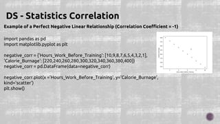 Example of a Perfect Negative Linear Relationship (Correlation Coefficient = -1)
DS - Statistics Correlation
import pandas as pd
import matplotlib.pyplot as plt
negative_corr = {'Hours_Work_Before_Training': [10,9,8,7,6,5,4,3,2,1],
'Calorie_Burnage': [220,240,260,280,300,320,340,360,380,400]}
negative_corr = pd.DataFrame(data=negative_corr)
negative_corr.plot(x ='Hours_Work_Before_Training', y='Calorie_Burnage',
kind='scatter')
plt.show()
 