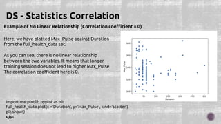 Example of No Linear Relationship (Correlation coefficient = 0)
DS - Statistics Correlation
Here, we have plotted Max_Pulse against Duration
from the full_health_data set.
As you can see, there is no linear relationship
between the two variables. It means that longer
training session does not lead to higher Max_Pulse.
The correlation coefficient here is 0.
import matplotlib.pyplot as plt
full_health_data.plot(x ='Duration', y='Max_Pulse', kind='scatter')
plt.show()
o/p:
 