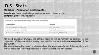 Statistics - Population and Samples
Population: Everything in the group that we want to learn about.
Sample: A part of the population.
For good statistical analysis, the sample needs to be as "similar" as possible to the
population. If they are similar enough, we say that the sample is representative of the
population.
The sample is used to make conclusions about the whole population. If the sample is not
similar enough to the whole population, the conclusions could be useless.
 