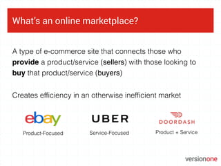 What’s an online marketplace?
Product-Focused Service-Focused Product + Service
A type of e-commerce site that connects those who
provide a product/service (sellers) with those looking to
buy that product/service (buyers)
Creates efficiency in an otherwise inefficient market
 