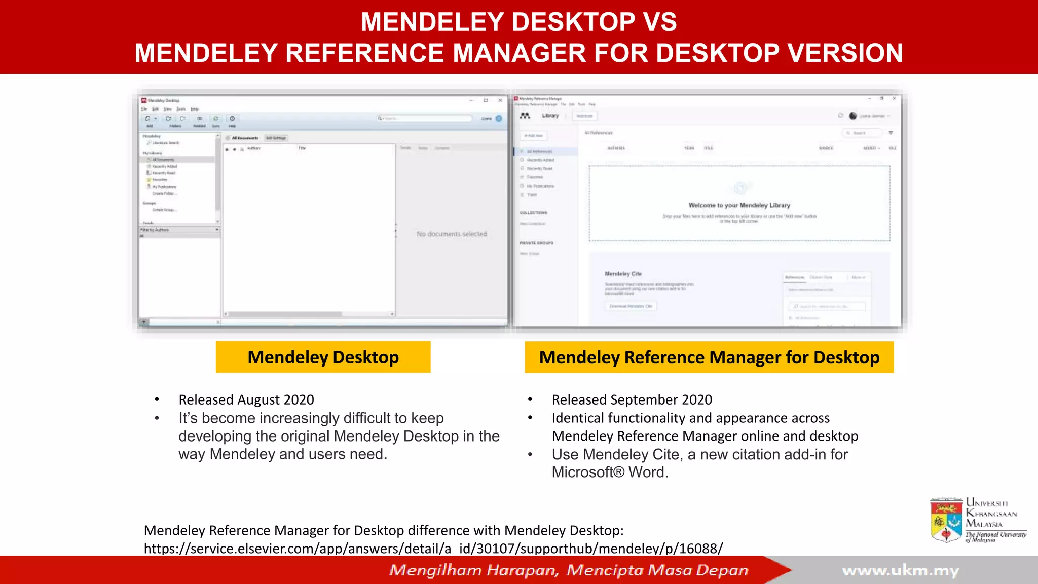 Mendeley Desktop Mendeley Reference Manager for Desktop
Mendeley Reference Manager for Desktop difference with Mendeley Desktop:
https://service.elsevier.com/app/answers/detail/a_id/30107/supporthub/mendeley/p/16088/
• Released September 2020
• Identical functionality and appearance across
Mendeley Reference Manager online and desktop
• Use Mendeley Cite, a new citation add-in for
Microsoft® Word.
• Released August 2020
• It’s become increasingly difficult to keep
developing the original Mendeley Desktop in the
way Mendeley and users need.
MENDELEY DESKTOP VS
MENDELEY REFERENCE MANAGER FOR DESKTOP VERSION
 