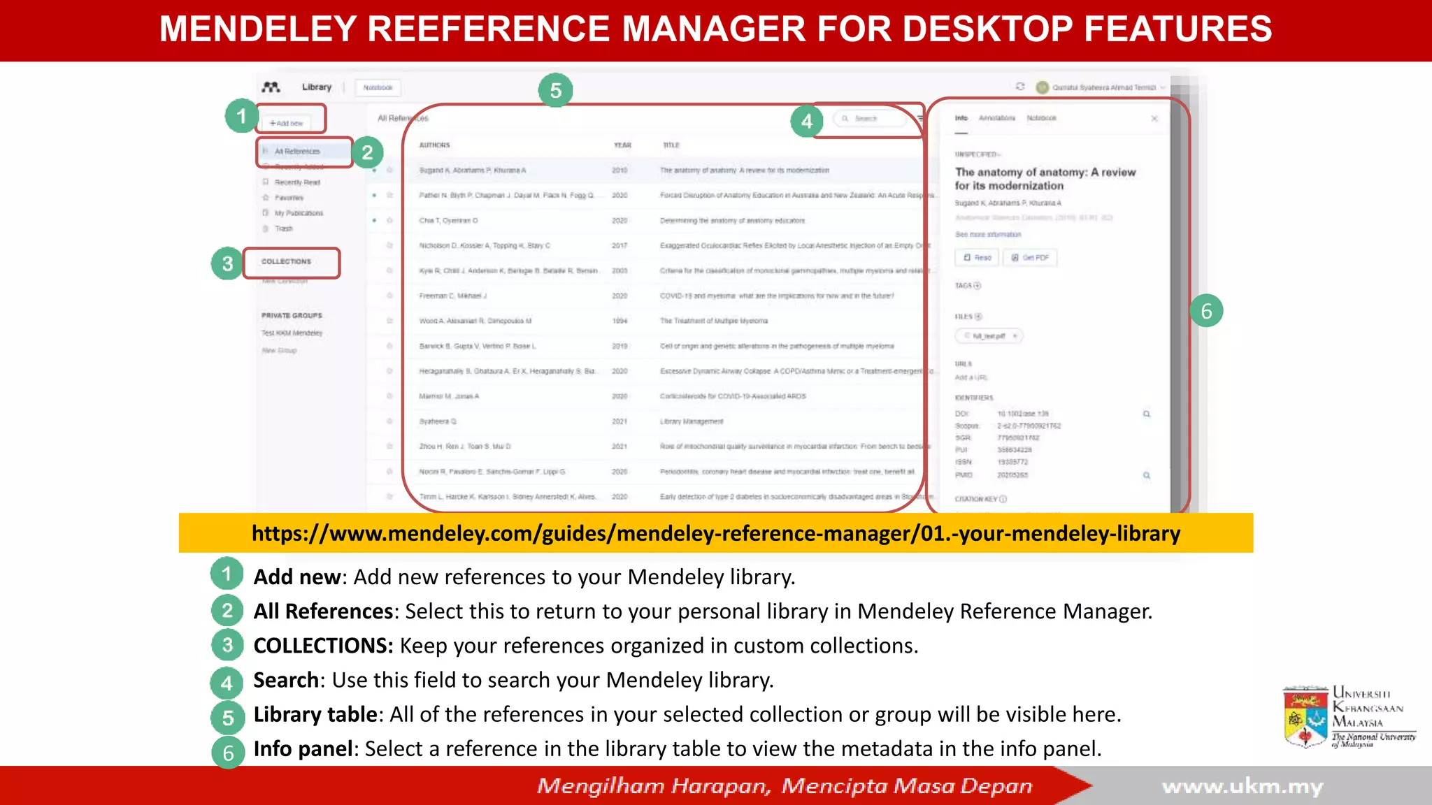 MENDELEY REEFERENCE MANAGER FOR DESKTOP FEATURES
Add new: Add new references to your Mendeley library.
All References: Select this to return to your personal library in Mendeley Reference Manager.
COLLECTIONS: Keep your references organized in custom collections.
Search: Use this field to search your Mendeley library.
Library table: All of the references in your selected collection or group will be visible here.
Info panel: Select a reference in the library table to view the metadata in the info panel.
6
6
https://www.mendeley.com/guides/mendeley-reference-manager/01.-your-mendeley-library
 