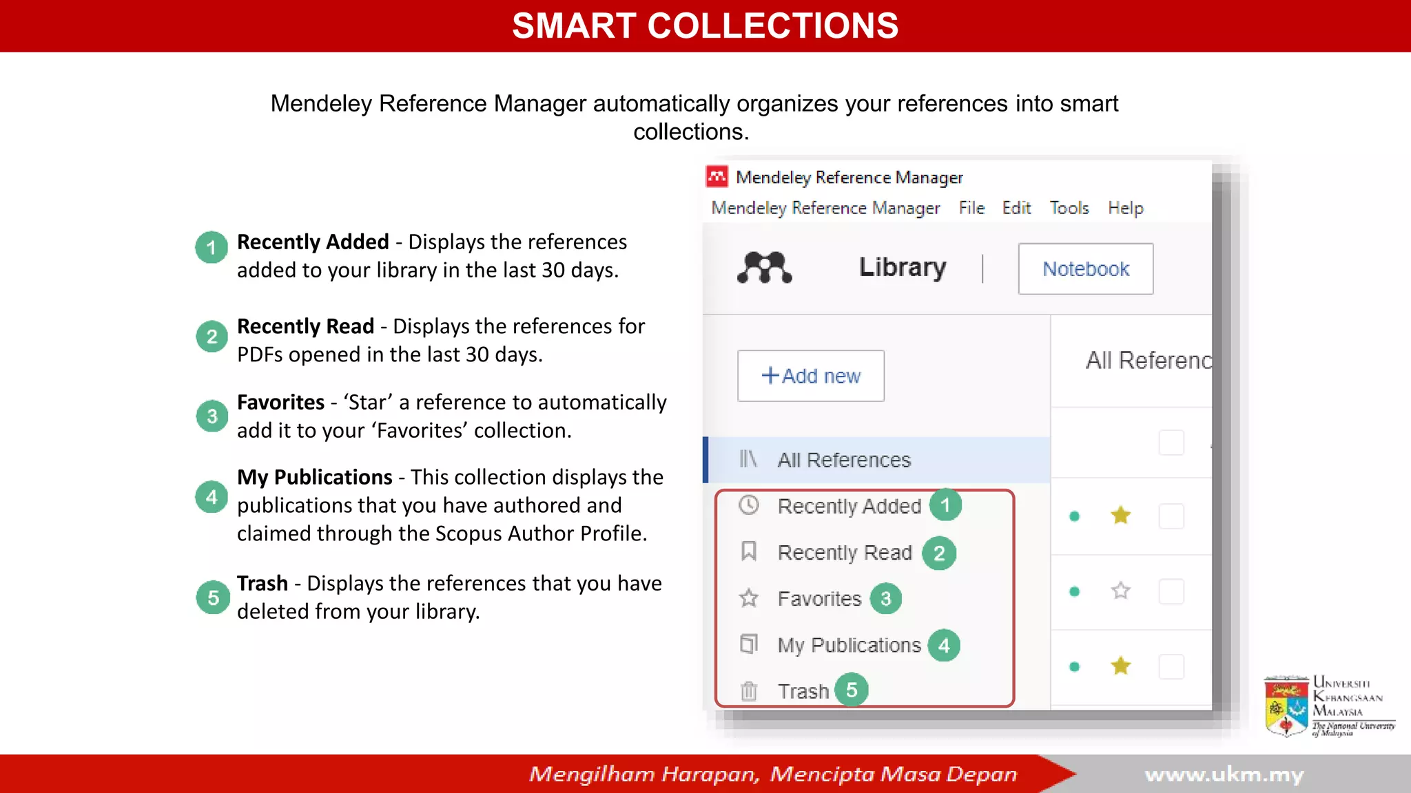 SMART COLLECTIONS
Mendeley Reference Manager automatically organizes your references into smart
collections.
Recently Added - Displays the references
added to your library in the last 30 days.
Recently Read - Displays the references for
PDFs opened in the last 30 days.
Favorites - ‘Star’ a reference to automatically
add it to your ‘Favorites’ collection.
My Publications - This collection displays the
publications that you have authored and
claimed through the Scopus Author Profile.
Trash - Displays the references that you have
deleted from your library.
 
