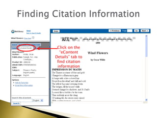 Finding Citation Information Click on the “eContent Details” tab to find citation information