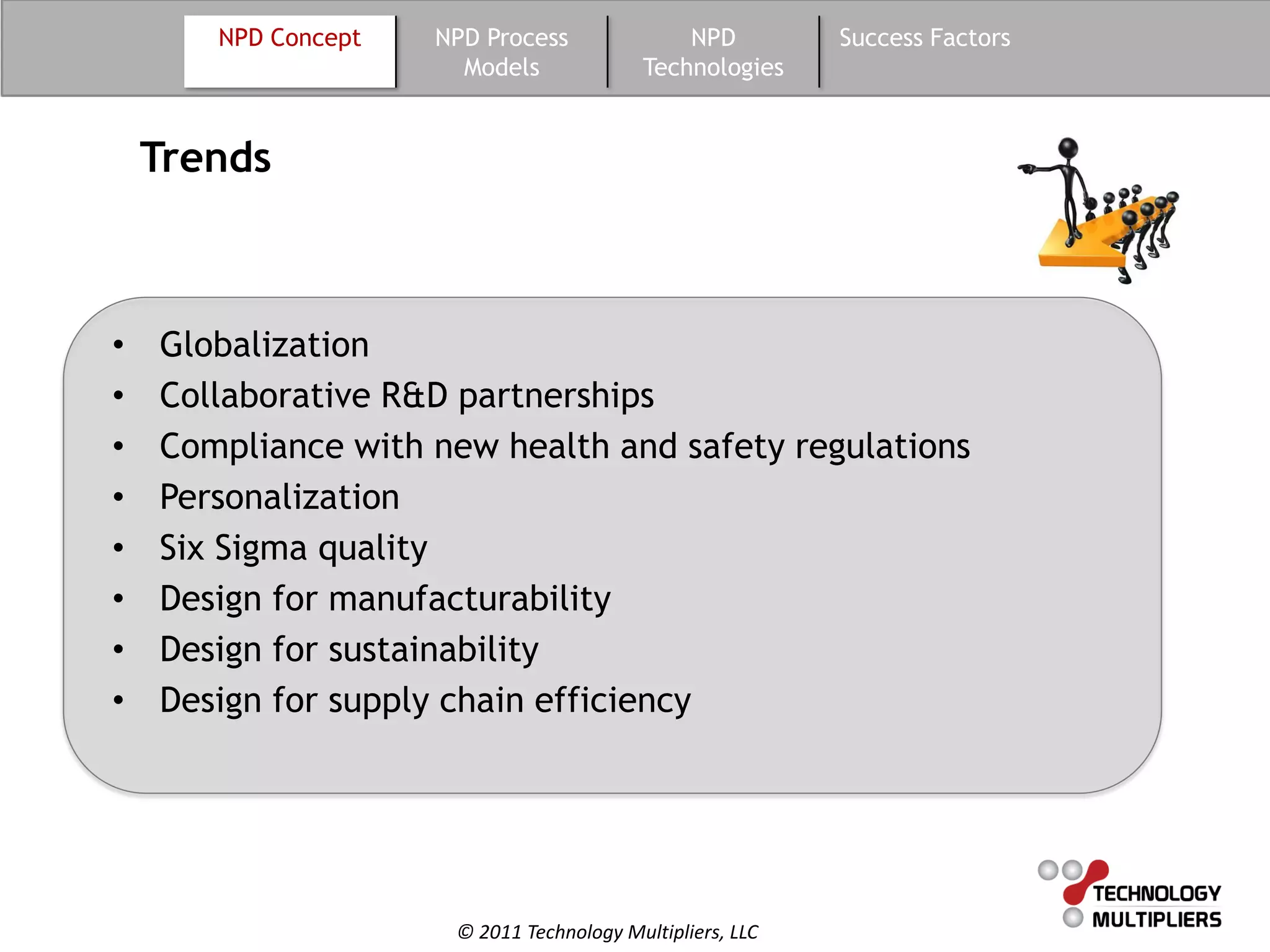 NPD Concept   NPD Process               NPD         Success Factors
                       Models              Technologies


    Trends



•   Globalization
•   Collaborative R&D partnerships
•   Compliance with new health and safety regulations
•   Personalization
•   Six Sigma quality
•   Design for manufacturability
•   Design for sustainability
•   Design for supply chain efficiency




                      © 2011 Technology Multipliers, LLC
 