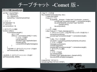 チープチャット ­Comet 版 ­
サーバ側 JavaScript
var http = require('http'),                                     // http サーバの作成
       f...