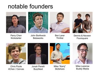 notable founders



  Perry Chen     John Borthwick    Ben Lerer     Dennis & Naveen
  Kickstarter      Betaworks        Thrillist      Foursquare




  Chris Poole    Jonah Peretti    Mike “Karnj”    Mike Lazerow
4Chan / Canvas     Buzzfeed        Skillshare     Buddy Media
 