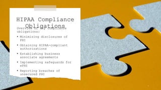 HIPAA Compliance
Obligations
Overview of key compliance
obligations:
• Minimizing disclosures of
PHI
• Obtaining HIPAA-compliant
authorizations
• Establishing business
associate agreements
• Implementing safeguards for
ePHI
• Reporting breaches of
unsecured PHI
9
 