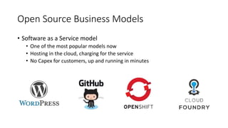Open Source Business Models
• Software as a Service model
• One of the most popular models now
• Hosting in the cloud, charging for the service
• No Capex for customers, up and running in minutes
 