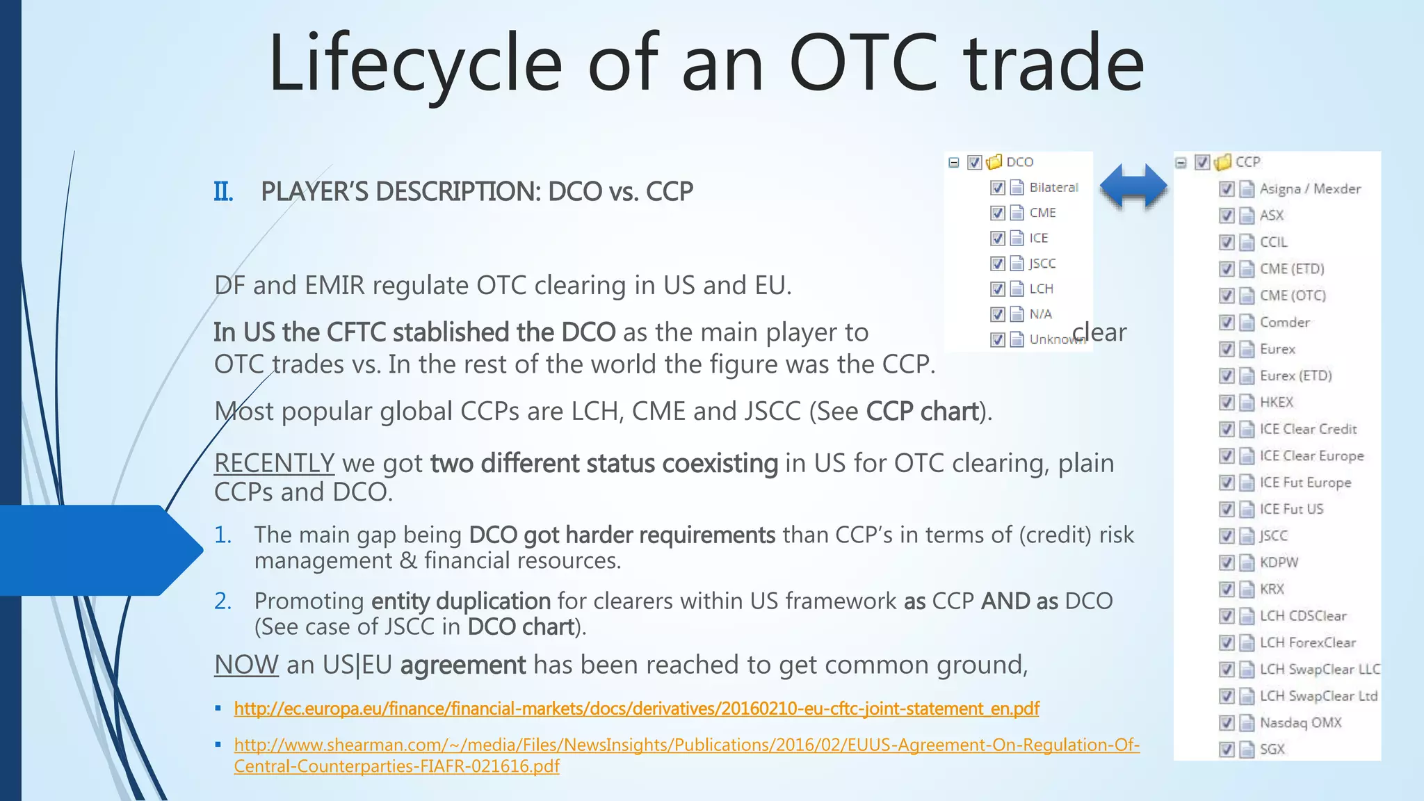 Lifecycle of an OTC trade
RECENTLY we got two different status coexisting in US for OTC clearing,
plain CCPs and DCO.
1. The main gap being DCO got harder requirements than CCP’s in terms of (credit)
risk management & financial resources.
2. Promoting entity duplication for clearers within US framework as CCP AND as DCO
(See case of JSCC in DCO chart).
NOW an US|EU agreement has been reached to get common ground,
 http://ec.europa.eu/finance/financial-markets/docs/derivatives/20160210-eu-cftc-joint-statement_en.pdf
 http://www.shearman.com/~/media/Files/NewsInsights/Publications/2016/02/EUUS-Agreement-On-Regulation-Of-
Central-Counterparties-FIAFR-021616.pdf
II. PLAYER’S DESCRIPTION: DCO vs. CCP
DF and EMIR regulate OTC clearing in US and EU.
In US the CFTC stablished the DCO as the main player to
clear OTC trades vs. In the rest of the world the figure was the CCP.
Most popular global CCPs are LCH, CME and JSCC (See CCP chart).
 