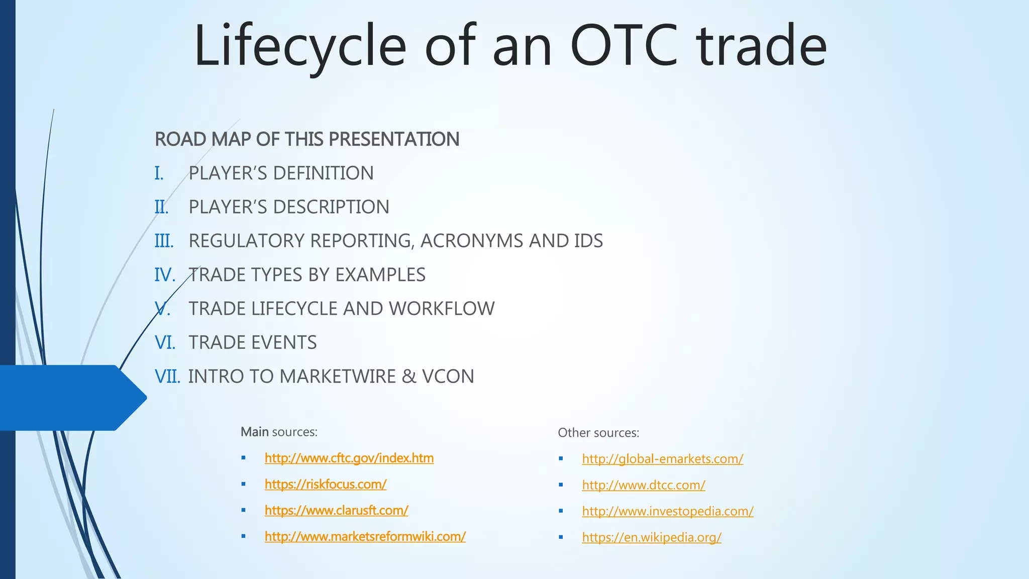 Lifecycle of an OTC trade
ROAD MAP OF THIS PRESENTATION
I. PLAYER’S DEFINITION
II. PLAYER’S DESCRIPTION
III. REGULATORY REPORTING, ACRONYMS AND IDS
IV. TRADE TYPES BY EXAMPLES
V. TRADE LIFECYCLE AND WORKFLOW
VI. TRADE EVENTS
VII. INTRO TO MARKETWIRE & VCON
Main sources:
 http://www.cftc.gov/index.htm
 https://riskfocus.com/
 https://www.clarusft.com/
 http://www.marketsreformwiki.com/
Other sources:
 http://global-emarkets.com/
 http://www.dtcc.com/
 http://www.investopedia.com/
 https://en.wikipedia.org/
 