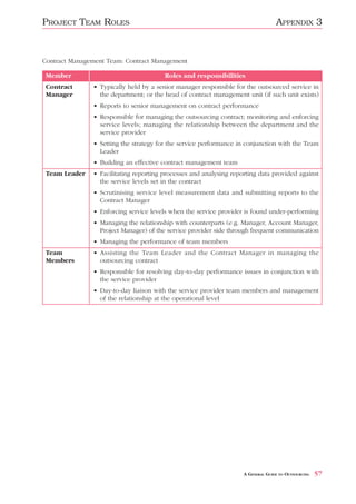 PROJECT TEAM ROLES                                                                APPENDIX 3


Contract Management Team: Contract Management

 Member                                 Roles and responsibilities
 Contract      • Typically held by a senior manager responsible for the outsourced service in
 Manager         the department; or the head of contract management unit (if such unit exists)
               • Reports to senior management on contract performance
               • Responsible for managing the outsourcing contract; monitoring and enforcing
                 service levels; managing the relationship between the department and the
                 service provider
               • Setting the strategy for the service performance in conjunction with the Team
                 Leader
               • Building an effective contract management team
 Team Leader   • Facilitating reporting processes and analysing reporting data provided against
                 the service levels set in the contract
               • Scrutinising service level measurement data and submitting reports to the
                 Contract Manager
               • Enforcing service levels when the service provider is found under-performing
               • Managing the relationship with counterparts (e.g. Manager, Account Manager,
                 Project Manager) of the service provider side through frequent communication
               • Managing the performance of team members
 Team          • Assisting the Team Leader and the Contract Manager in managing the
 Members         outsourcing contract
               • Responsible for resolving day-to-day performance issues in conjunction with
                 the service provider
               • Day-to-day liaison with the service provider team members and management
                 of the relationship at the operational level




                                                                    A GENERAL GUIDE TO OUTSOURCING   57
 