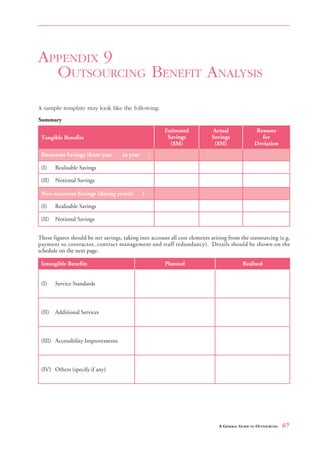CONTRACT NEGOTIATION                                           APPENDIX 8



APPENDIX 9
  OUTSOURCING BENEFIT ANALYSIS
A sample template may look like the following:




                                                 A GENERAL GUIDE TO OUTSOURCING   67
 