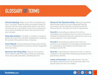 14 
Cloud Computing: Refers to your files and software that 
live in “the cloud” (large file servers accessed through the 
Internet). Not only is your payroll data stored in the cloud 
(and backed up in yet another cloud), but the software you 
use to access the data also lives in the cloud and not on 
your computer. 
Deep Data Analysis: The ability to compare a company’s 
payroll information with standards established by analyzing 
the records of thousands of other companies. 
Direct Deposit: Paying employees through direct transfer 
from your designated bank account(s) into their designated 
bank account(s). 
Electronic Tax Filing (eFile): Filing tax forms and tax 
returns electronically. Eliminates printing and mailing tax 
forms-and usually automates completing the form. 
Electronic Tax Payments (ePay): Making tax payments 
electronically, directly from your designated banking 
account(s) to taxing authorities including the Internal 
Revenue Service, and state and local tax departments. 
Form W-4: Internal Revenue Service Form W-4 is 
completed by the employee when he or she is first hired. It 
indicates the federal tax-deduction preferences used to set 
up the employee in the payroll system. 
Form W-2: Internal Revenue Service Form W-2 is a 
summary of an employee’s annual wages and deductions. 
It is calculated by the employer and provided to the 
employee and the IRS. 
Form 941: Internal Revenue Service Form 941 is used by 
employers to file statements indicating payroll paid out and 
payroll taxes withheld. 
Levels of Permission: Also called levels of “access,” 
permissions determine who can access what data in the 
payroll system and who can modify it. 
GLOSSARY OF TERMS 
 