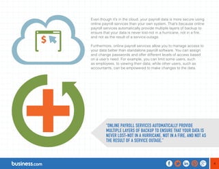 4 
Even though it’s in the cloud, your payroll data is more secure using 
online payroll services than your own system. That’s because online 
payroll services automatically provide multiple layers of backup to 
ensure that your data is never lost-not in a hurricane, not in a fire, 
and not as the result of a service outage. 
Furthermore, online payroll services allow you to manage access to 
your data better than standalone payroll software. You can assign 
and change passwords and offer different levels of access based 
on a user’s need. For example, you can limit some users, such 
as employees, to viewing their data; while other users, such as 
accountants, can be empowered to make changes to the data. 
“ONLINE PAYROLL SERVICES AUTOMATICALLY PROVIDE 
MULTIPLE LAYERS OF BACKUP TO ENSURE THAT YOUR DATA IS 
NEVER LOST-NOT IN A HURRICANE, NOT IN A FIRE, AND NOT AS 
THE RESULT OF A SERVICE OUTAGE.” 
 
