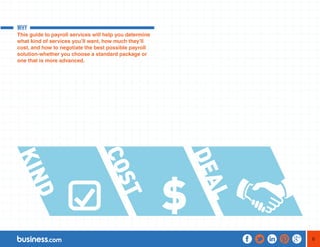 6 
WHY 
This guide to payroll services will help you determine 
what kind of services you’ll want, how much they’ll 
cost, and how to negotiate the best possible payroll 
solution-whether you choose a standard package or 
one that is more advanced. 
 