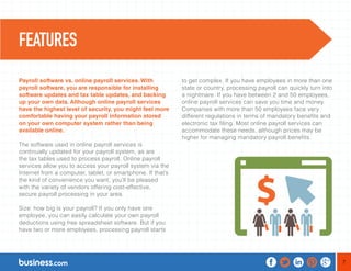 7 
Payroll software vs. online payroll services. With 
payroll software, you are responsible for installing 
software updates and tax table updates, and backing 
up your own data. Although online payroll services 
have the highest level of security, you might feel more 
comfortable having your payroll information stored 
on your own computer system rather than being 
available online. 
The software used in online payroll services is 
continually updated for your payroll system, as are 
the tax tables used to process payroll. Online payroll 
services allow you to access your payroll system via the 
Internet from a computer, tablet, or smartphone. If that’s 
the kind of convenience you want, you’ll be pleased 
with the variety of vendors offering cost-effective, 
secure payroll processing in your area. 
Size: how big is your payroll? If you only have one 
employee, you can easily calculate your own payroll 
deductions using free spreadsheet software. But if you 
have two or more employees, processing payroll starts 
to get complex. If you have employees in more than one 
state or country, processing payroll can quickly turn into 
a nightmare. If you have between 2 and 50 employees, 
online payroll services can save you time and money. 
Companies with more than 50 employees face very 
different regulations in terms of mandatory benefits and 
electronic tax filing. Most online payroll services can 
accommodate these needs, although prices may be 
higher for managing mandatory payroll benefits. 
FEATURES 
 