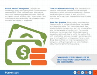 9 
Medical Benefits Management. Employers are 
increasingly giving employees greater control over their 
health benefits. Some payroll systems allow payroll 
deductions for employee health insurance premiums 
and health savings accounts. Don’t be surprised if your 
online payroll service becomes the gateway to health 
insurance exchanges for employees. 
Time and Attendance Tracking. Most payroll services 
vendors offer optional services to track employee 
attendance, hours, and time-related billings. Systems 
allow employees to “punch in” and “punch out” 
virtually, and to track their time related to specific tasks 
or accounts. 
Deep Data Analytics. Many modern payroll services 
have the ability to go beyond calculating paychecks 
and depositing taxes. They can compare your data 
against industry averages, and alert you to areas where 
your company departs from the norm. For example, 
employees can compare their 401(k) balances and 
deductions with goals they’ve set for themselves. And 
with time-tracking software, managers can compare the 
cost of having different employees do the same task. 
Deep data analytics can help managers grow their 
companies while giving employees better feedback 
about how their performance stacks up. 
“MANY MODERN PAYROLL SERVICES HAVE THE 
ABILITY TO GO BEYOND CALCULATING PAYCHECKS 
AND DEPOSITING TAXES.” 
 