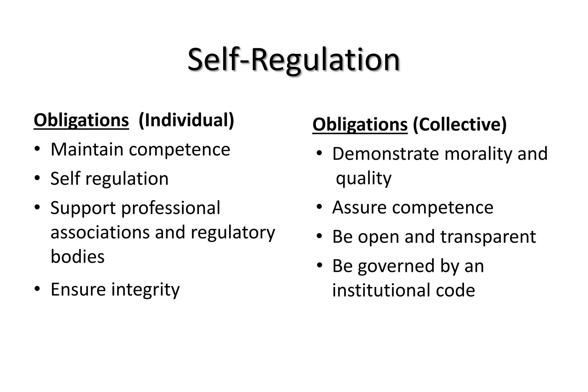 Self-Regulation
Obligations (Individual)
• Maintain competence
• Self regulation
• Support professional
associations and regulatory
bodies
• Ensure integrity
Obligations (Collective)
• Demonstrate morality and
quality
• Assure competence
• Be open and transparent
• Be governed by an
institutional code
 