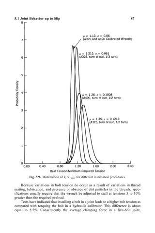 5.1 Joint Behavior up to Slip 87
Fig. 5.9. Distribution of Ti /Ti spec for different installation procedures.
Because variations in bolt tension do occur as a result of variations in thread
mating, lubrication, and presence or absence of dirt particles in the threads, spec-
ifications usually require that the wrench be adjusted to stall at tensions 5 to 10%
greater than the required preload.
Tests have indicated that installing a bolt in a joint leads to a higher bolt tension as
compared with torquing the bolt in a hydraulic calibrator. This difference is about
equal to 5.5%. Consequently the average clamping force in a five-bolt joint,
 