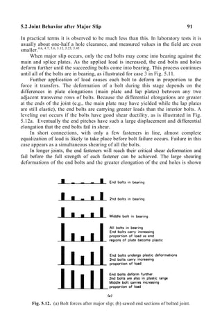 5.2 Joint Behavior after Major Slip 91
In practical terms it is observed to be much less than this. In laboratory tests it is
usually about one-half a hole clearance, and measured values in the field arc even
smaller.4.6, 4.7, 5.6, 5.12, 5.25, 5.45
When major slip occurs, only the end bolts may come into bearing against the
main and splice plates. As the applied load is increased, the end bolts and holes
deform further until the succeeding bolts come into bearing. This process continues
until all of the bolts are in bearing, as illustrated for case 3 in Fig. 5.11.
Further application of load causes each bolt to deform in proportion to the
force it transfers. The deformation of a bolt during this stage depends on the
differences in plate elongations (main plate and lap plates) between any two
adjacent transverse rows of bolts. Because the differential elongations are greater
at the ends of the joint (e.g., the main plate may have yielded while the lap plates
are still elastic), the end bolts are carrying greater loads than the interior bolts. A
leveling out occurs if the bolts have good shear ductility, as is illustrated in Fig.
5.12a. Eventually the end pitches have such a large displacement and differential
elongation that the end bolts fail in shear.
In short connections, with only a few fasteners in line, almost complete
equalization of load is likely to take place before bolt failure occurs. Failure in this
case appears as a simultaneous shearing of all the bolts.
In longer joints, the end fasteners will reach their critical shear deformation and
fail before the full strength of each fastener can be achieved. The large shearing
deformations of the end bolts and the greater elongation of the end holes is shown
Fig. 5.12. (a) Bolt forces after major slip; (b) sawed end sections of bolted joint.
 