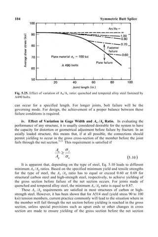 104 Symmetric Butt Splice
Fig. 5.25. Effect of variation of An/As ratio: quenched and tempered alloy steel fastened by
A490 bolts.
can occur for a specified length. For longer joints, bolt failure will be the
governing mode. For design, the achievement of a proper balance between these
failure conditions is required.
iv. Effect of Variation in Gage Width and An /Ag Ratio. In evaluating the
performance of any structure, it is usually considered desirable for the system to have
the capacity for distortion or geometrical adjustment before failure by fracture. In an
axially loaded structure, this means that, if at all possible, the connections should
permit yielding to occur in the gross cross-section of the member before the joint
fails through the net section.5.23
This requirement is satisfied if
u
y
g
n
A
A
σ
σ
≥
( )
10
.
5
It is apparent that, depending on the type of steel, Eq. 5.10 leads to different
minimum An /Ag ratios. Based on the specified minimum yield and tensile strengths
for the type of steel, the An /Ag ratio has to equal or exceed 0.60 or 0.69 for
structural carbon steel and high-strength steel, respectively, to achieve yielding of
the gross section before failure of the net section occurs. For joints made of
quenched and tempered alloy steel, the minimum An /Ag ratio is equal to 0.87.
These An /Ag requirements are satisfied in most structures of carbon or high-
strength steel. However, it has been shown that for A514 steel (yield stress 90 to 100
ksi) tension members, current practice commonly will lead to the situation where in
the member will fail through the net section before yielding is reached in the gross
section, unless special provisions such as upset ends or other changes in cross
section are made to ensure yielding of the gross section before the net section
 