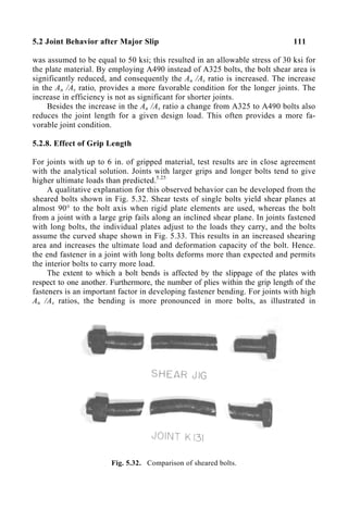 5.2 Joint Behavior after Major Slip 111
was assumed to be equal to 50 ksi; this resulted in an allowable stress of 30 ksi for
the plate material. By employing A490 instead of A325 bolts, the bolt shear area is
significantly reduced, and consequently the An /As ratio is increased. The increase
in the An /As ratio, provides a more favorable condition for the longer joints. The
increase in efficiency is not as significant for shorter joints.
Besides the increase in the An /As ratio a change from A325 to A490 bolts also
reduces the joint length for a given design load. This often provides a more fa-
vorable joint condition.
5.2.8. Effect of Grip Length
For joints with up to 6 in. of gripped material, test results are in close agreement
with the analytical solution. Joints with larger grips and longer bolts tend to give
higher ultimate loads than predicted.5.25
A qualitative explanation for this observed behavior can be developed from the
sheared bolts shown in Fig. 5.32. Shear tests of single bolts yield shear planes at
almost 90° to the bolt axis when rigid plate elements are used, whereas the bolt
from a joint with a large grip fails along an inclined shear plane. In joints fastened
with long bolts, the individual plates adjust to the loads they carry, and the bolts
assume the curved shape shown in Fig. 5.33. This results in an increased shearing
area and increases the ultimate load and deformation capacity of the bolt. Hence.
the end fastener in a joint with long bolts deforms more than expected and permits
the interior bolts to carry more load.
The extent to which a bolt bends is affected by the slippage of the plates with
respect to one another. Furthermore, the number of plies within the grip length of the
fasteners is an important factor in developing fastener bending. For joints with high
An /As ratios, the bending is more pronounced in more bolts, as illustrated in
Fig. 5.32. Comparison of sheared bolts.
 