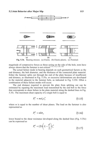 5.2 Joint Behavior after Major Slip 113
Fig. 5.34. Bearing stresses. (a) Elastic. (b) Elastic-plastic. (c) Nominal.
magnitude of compressive forces as those acting on the side of the hole, tests have
always shown that the fastener is not critical.5.31, 5.32, 5.39, 5.40
The actual failure mode in bearing depends on such geometrical factors as the
end distance, the bolt diameter, and the thickness of the connected plate material.
Either the fastener splits out through the end of the plate because of insufficient
end distance, as illustrated in Fig. 5.35a, or excessive deformations are developed
in the material adjacent to the fastener hole, as indicated in Fig. 5.35b. Often a
combination of these failure modes will occur.
The end distance required to prevent the plate from splitting out can be
estimated by equating the maximum load transmitted by the end bolt to the force
that corresponds to shear failure in the plate material along the dashed lines in Fig.
5.35c. The maximum shear capacity of a single bolt is equal to
b
u
b
b
s mA
P τ
= ( )
15
.
5
where m is equal to the number of shear planes. The load on the fastener is also
represented as
b
b
s td
P σ
= ( )
16
.
5
lower bound to the shear resistance developed along the dashed lines (Fig. 5.35c)
can be expressed as
P
u
b
s
d
L
t
P τ






−
=
2
)
2
(
( )
17
.
5
 