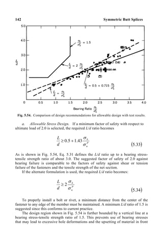 142 Symmetric Butt Splices
Fig. 5.54. Comparison of design recommendations for allowable design with test results.
a. Allowable Stress Design. If a minimum factor of safety with respect to
ultimate load of 2.0 is selected, the required L/d ratio becomes
P
u
b
d
L
σ
σ
43
.
1
5
.
0 +
≥
( )
33
.
5
As is shown in Fig. 5.54, Eq. 5.31 defines the L/d ratio up to a bearing stress-
tensile strength ratio of about 3.0. The suggested factor of safety of 2.0 against
bearing failure is comparable to the factors of safety against shear or tension
failure of the fasteners and the tensile strength of the net section.
If the alternate formulation is used, the required L/d ratio becomes:
P
u
b
d
L
σ
σ
2
≥
( )
34
.
5
To properly install a bolt or rivet, a minimum distance from the center of the
fastener to any edge of the member must be maintained. A minimum L/d ratio of 1.5 is
suggested since this conforms to current practice.
The design region shown in Fig. 5.54 is further bounded by a vertical line at a
bearing stress-tensile strength ratio of 1.5. This prevents use of bearing stresses
that may lead to excessive hole deformations and the upsetting of material in front
 