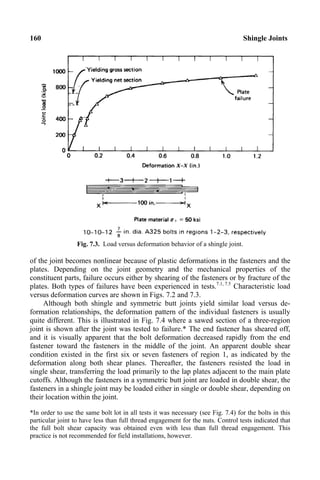 160 Shingle Joints
Fig. 7.3. Load versus deformation behavior of a shingle joint.
of the joint becomes nonlinear because of plastic deformations in the fasteners and the
plates. Depending on the joint geometry and the mechanical properties of the
constituent parts, failure occurs either by shearing of the fasteners or by fracture of the
plates. Both types of failures have been experienced in tests.7.1, 7.5
Characteristic load
versus deformation curves are shown in Figs. 7.2 and 7.3.
Although both shingle and symmetric butt joints yield similar load versus de-
formation relationships, the deformation pattern of the individual fasteners is usually
quite different. This is illustrated in Fig. 7.4 where a sawed section of a three-region
joint is shown after the joint was tested to failure.* The end fastener has sheared off,
and it is visually apparent that the bolt deformation decreased rapidly from the end
fastener toward the fasteners in the middle of the joint. An apparent double shear
condition existed in the first six or seven fasteners of region 1, as indicated by the
deformation along both shear planes. Thereafter, the fasteners resisted the load in
single shear, transferring the load primarily to the lap plates adjacent to the main plate
cutoffs. Although the fasteners in a symmetric butt joint are loaded in double shear, the
fasteners in a shingle joint may be loaded either in single or double shear, depending on
their location within the joint.
*In order to use the same bolt lot in all tests it was necessary (see Fig. 7.4) for the bolts in this
particular joint to have less than full thread engagement for the nuts. Control tests indicated that
the full bolt shear capacity was obtained even with less than full thread engagement. This
practice is not recommended for field installations, however.
 