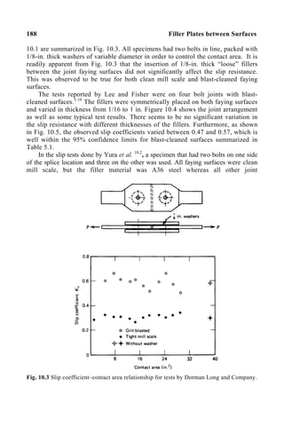 188 Filler Plates between Surfaces
10.1 are summarized in Fig. 10.3. All specimens had two bolts in line, packed with
1/8-in. thick washers of variable diameter in order to control the contact area. It is
readily apparent from Fig. 10.3 that the insertion of 1/8-in. thick “loose” fillers
between the joint faying surfaces did not significantly affect the slip resistance.
This was observed to be true for both clean mill scale and blast-cleaned faying
surfaces.
The tests reported by Lee and Fisher were on four bolt joints with blast-
cleaned surfaces.5.10
The fillers were symmetrically placed on both faying surfaces
and varied in thickness from 1/16 to 1 in. Figure 10.4 shows the joint arrangement
as well as some typical test results. There seems to be no significant variation in
the slip resistance with different thicknesses of the fillers. Furthermore, as shown
in Fig. 10.5, the observed slip coefficients varied between 0.47 and 0.57, which is
well within the 95% confidence limits for blast-cleaned surfaces summarized in
Table 5.1.
In the slip tests done by Yura et al. 10.2
, a specimen that had two bolts on one side
of the splice location and three on the other was used. All faying surfaces were clean
mill scale, but the filler material was A36 steel whereas all other joint
Fig. 10.3 Slip coefficient–contact area relationship for tests by Dorman Long and Company.
 