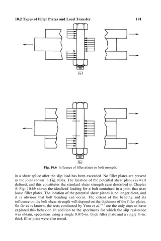 10.2 Types of Filler Plates and Load Transfer 191
Fig. 10.6 Influence of filler plates on bolt strength.
in a shear splice after the slip load has been exceeded. No filler plates are present
in the joint shown in Fig. l0.6a. The location of the potential shear planes is well
defined, and this constitutes the standard shear strength case described in Chapter
5. Fig. 10.6b shows the idealized loading for a bolt contained in a joint that uses
loose filler plates. The location of the potential shear planes is no longer clear, and
it is obvious that bolt bending can occur. The extent of the bending and its
influence on the bolt shear strength will depend on the thickness of the filler plates.
So far as is known, the tests conducted by Yura et al.10.2
are the only ones to have
explored this behavior. In addition to the specimens for which the slip resistance
was obtain, specimens using a single 0.075-in. thick filler plate and a single ¾-in.
thick filler plate were also tested.
 