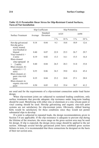 214 Surface Coatings
Table 12.11 Permissible Shear Stress for Slip-Resistant Coated Surfaces,
Turn-of-Nut Installation
Slip Coefficient Slip Probability
Surface Treatment
A325 A490
Average
Standard
Deviation
5 % 10 % 5 % 10 %
Hot-dip galvanized
Hot-dip galva-
nized, treated,
wire brushed or
blasted
Vinyl treated (t >
2 mils)
Blast-cleaned
zinc-sprayed (t
> 2 mils)
Blast-cleaned, Al-
sprayed ( t > 2
mils)
Blast-cleaned, or-
ganic zinc-rich
paint
Blast-cleaned, in-
organic zinc-rich
paint
0.18
0.40
0.19
0.40
0.55
0.35
0.50
0.04
0.07
0.02
0.04
0.06
0.04
0.05
9.3
22.9
13.3
26.5
36.5
23.2
33.2
10.8
25.5
14.1
28.3
39.0
24.8
35.4
10.9
26.7
15.5
31.0
42.6
27.1
38.7
12.6
29.7
16.4
33.0
45.4
28.8
41.2
are used and for the requirements of a slip-resistant connection under load factor
design.
When slip-resistant joints are subjected to sustained loading conditions, only
surface treatments that provide adequate slip resistance under long-term loading
should be used. Metallizing with either zinc or aluminum or a zinc silicate paint or
vinyl coating should be used. Hot-dip galvanizing and organic zinc-rich paint
systems are not satisfactory for slip-resistant joints. Obviously, ribbed bearing
bolts would be satisfactory for these conditions since they would not permit
substantial slips to develop.
If a joint is subjected to repeated loads, the design recommendations given in
Section 5.4 are applicable. If the slip resistance is adequate to prevent slip during
the lifetime of the structure, the stress range on the gross section area may be used
for design. If slip is expected, the design stress range should be applied to the net
section. Although several hot-dip galvanized joints have exhibited gross section
failures in tests, it is recommended that these connections be designed on the basis
of their net section area.
 
