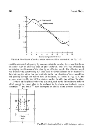 246 Gusset Plates
Fig. 15.3. Distribution of vertical normal stress on critical section C-C; see Fig. 15.2.
could be estimated adequately by assuming that the member force was distributed
uniformly over an effective area of plate material. This area was obtained by
multiplying the thickness of the plate by an effective length. The effective length
was estimated by constructing 30° lines from the outer fasteners in the first row to
their intersection with a line perpendicular to the line of action of the external load
and passing through the bottom row of fasteners, as shown in Fig. 15.4. The
segment intercepted by the 30° lines is then used as the effective width of the plate.
Methods of analysis have become available, such as the finite element method,
which permit the gusset plate to be analyzed in the elastic and inelastic ranges.
Vasarhelyi15.4
and Davis15.5
both attempted an elastic finite element solution of
Fig. 15.4. Evaluation of effective width for fastener pattern.
 