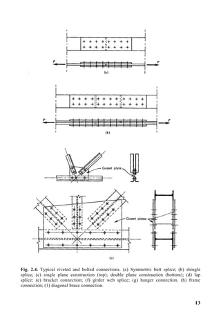 Fig. 2.4. Typical riveted and bolted connections. (a) Symmetric butt splice; (b) shingle
splice; (c) single plane construction (top); double plane construction (bottom); (d) lap
splice; (e) bracket connection; (f) girder web splice; (g) hanger connection. (h) frame
connection; (1) diagonal brace connection.
13
 