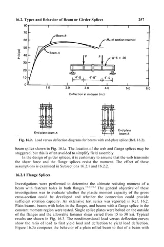 16.2. Types and Behavior of Beam or Girder Splices 257
Fig. 16.2. Load versus deflection diagrams for beams with end-plate splice (Ref. 16.2).
beam splice shown in Fig. 16.la. The location of the web and flange splices may be
staggered, but this is often avoided to simplify field assembly.
In the design of girder splices, it is customary to assume that the web transmits
the shear force and the flange splices resist the moment. The effect of these
assumptions is examined in Subsections 16.2.1 and 16.2.2.
16.2.1 Flange Splices
Investigations were performed to determine the ultimate resisting moment of a
beam with fastener holes in both flanges.16.1–16.3
The general objective of these
investigations was to evaluate whether the plastic moment capacity of the gross
cross-section could be developed and whether the connection could provide
sufficient rotation capacity. An extensive test series was reported in Ref. 16.2.
Plain beams, beams with holes in the flanges, and beams with a flange splice in the
constant moment region were tested. Single splice plates were bolted on the outside
of the flanges and the allowable fastener shear varied from 15 to 30 ksi. Typical
results are shown in Fig. 16.3. The nondimensional load versus deflection curves
show the ratio of load to first yield load and deflection to yield load deflection.
Figure 16.3a compares the behavior of a plain rolled beam to that of a beam with
 
