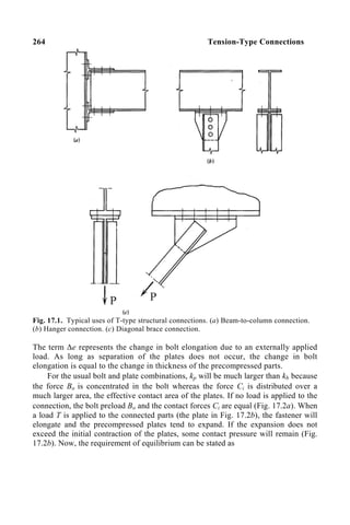 264 Tension-Type Connections
Fig. 17.1. Typical uses of T-type structural connections. (a) Beam-to-column connection.
(b) Hanger connection. (c) Diagonal brace connection.
The term ∆e represents the change in bolt elongation due to an externally applied
load. As long as separation of the plates does not occur, the change in bolt
elongation is equal to the change in thickness of the precompressed parts.
For the usual bolt and plate combinations, kp will be much larger than kb because
the force Bo is concentrated in the bolt whereas the force Ci is distributed over a
much larger area, the effective contact area of the plates. If no load is applied to the
connection, the bolt preload Bo and the contact forces Ci are equal (Fig. 17.2a). When
a load T is applied to the connected parts (the plate in Fig. 17.2b), the fastener will
elongate and the precompressed plates tend to expand. If the expansion does not
exceed the initial contraction of the plates, some contact pressure will remain (Fig.
17.2b). Now, the requirement of equilibrium can be stated as
 